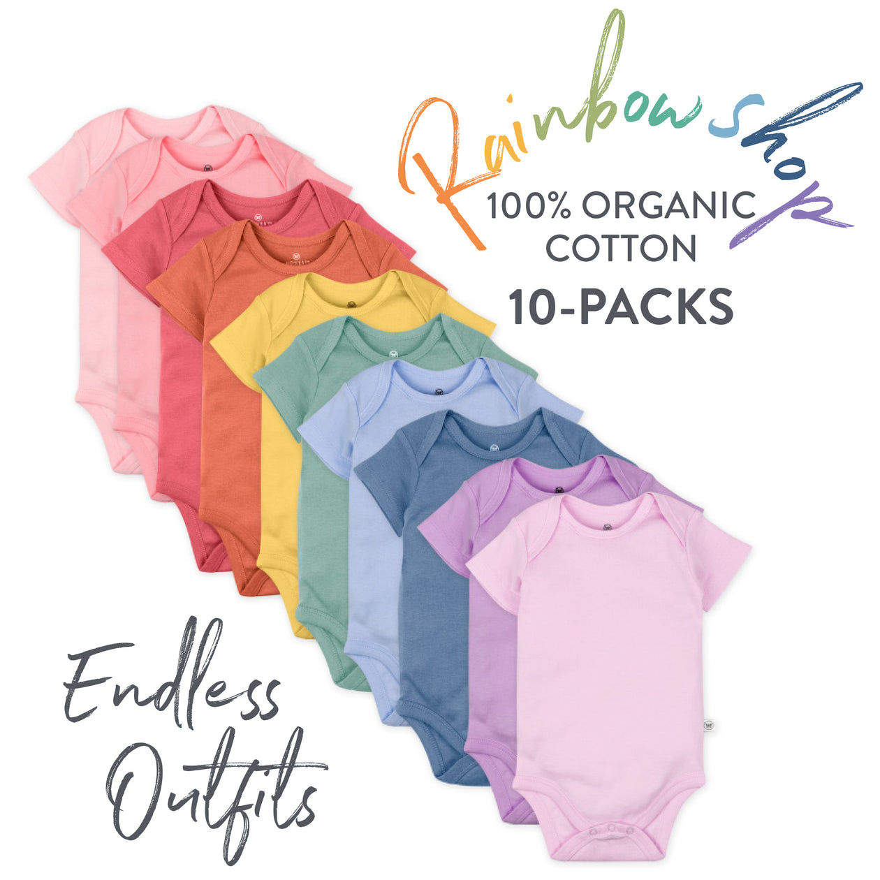 10-Pack Organic Cotton Short Sleeve Bodysuits, Rainbow Pink Gems