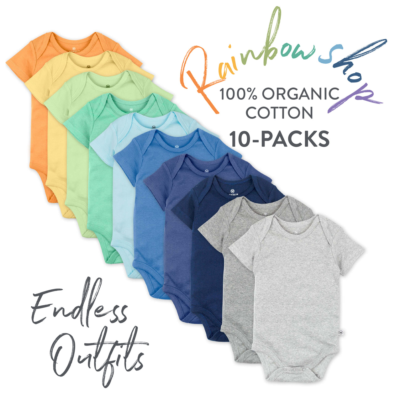 10-Pack Organic Cotton Short Sleeve Bodysuits, Rainbow Blues