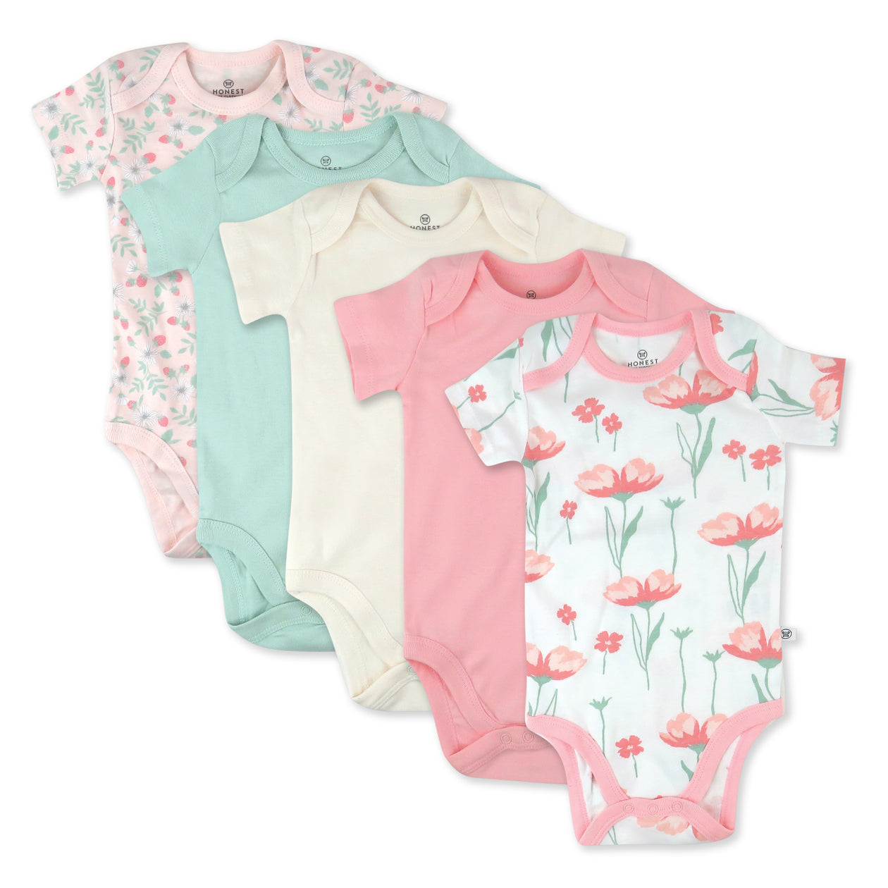 5-Pack Organic Cotton Short Sleeve Bodysuits, Strawberry Pink Floral