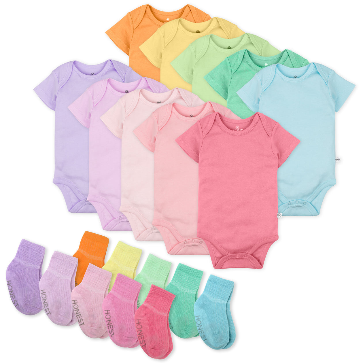 20-Pack Organic Cotton Short Sleeve Bodysuit & Sock Bundle, Rainbow Pinks