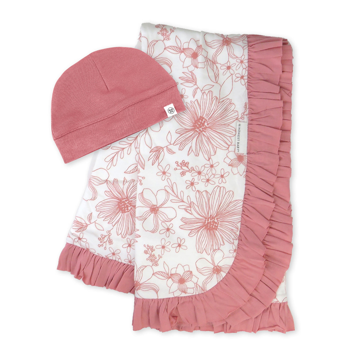 Touched By Nature Organic Cotton Baby Swaddle & Headband Set – Rose Peony Print, 100% Organic