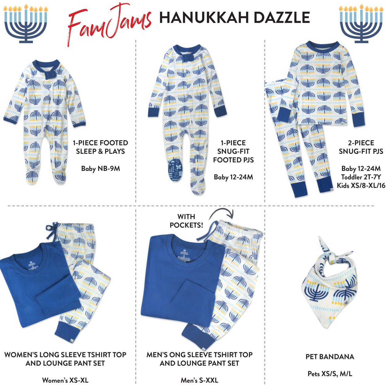 Organic Cotton Holiday Matching Family Pajamas, Hanukkah Dazzle