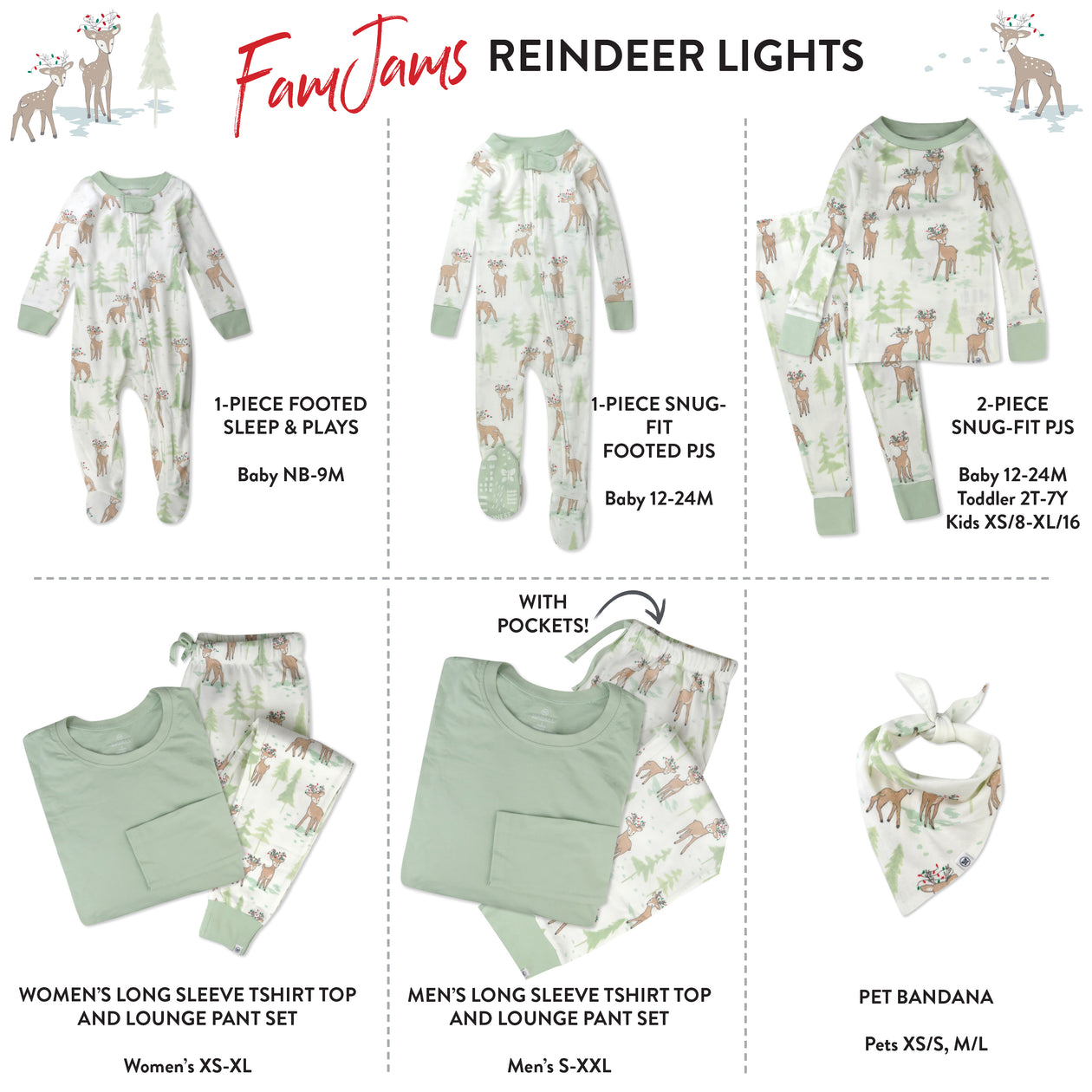 Organic Cotton Holiday Matching Family Pajamas, Reindeer Lights