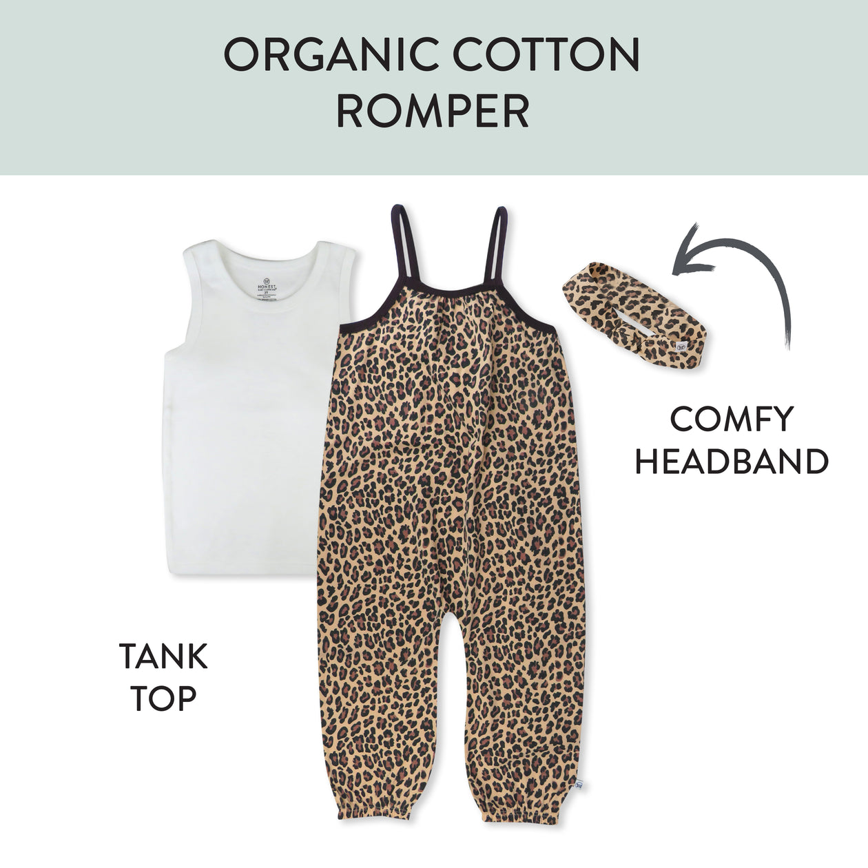 Toddler 3-Piece Organic Cotton Strappy Romper, Tank Top, and Headband Set, Cheetah
