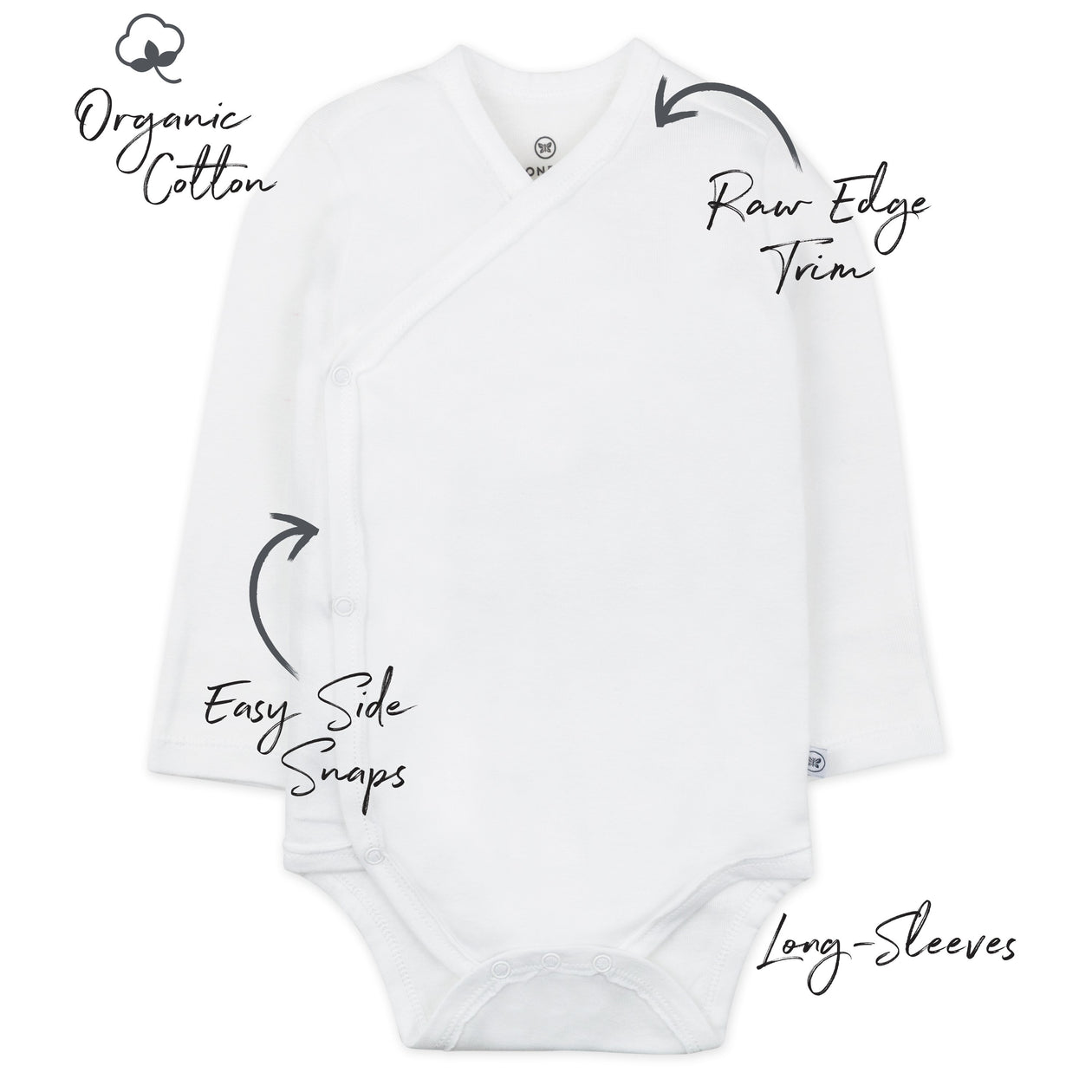 3-Pack Organic Cotton Long Sleeve Side-Snap Kimono Bodysuits, Bright White