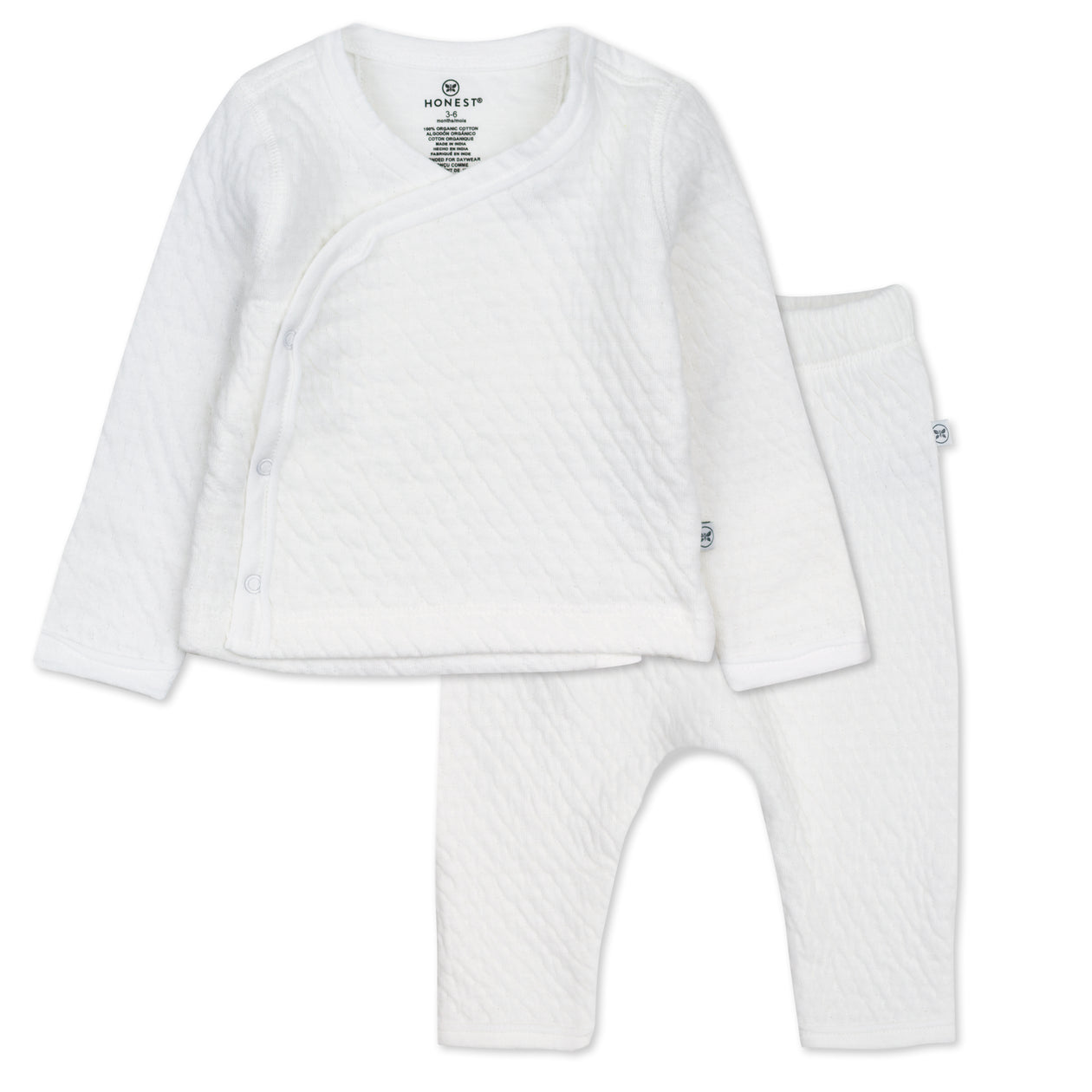 2-Piece Organic Cotton Matelasse Side-Snap Top and Pant Set, Bright White