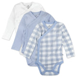 Go to slide 1, 3-Pack Organic Cotton Long Sleeve Side-Snap Bodysuits, Blue Painted Buffalo Check