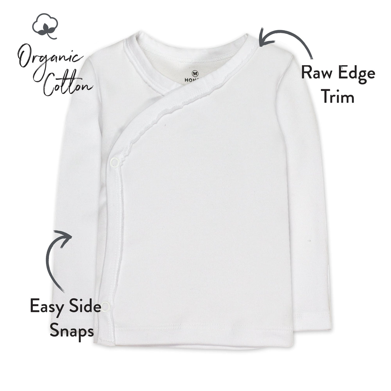 3-Pack Honestly Pure Organic Cotton Long Sleeve Side-Snap Kimono Tops, Bright White
