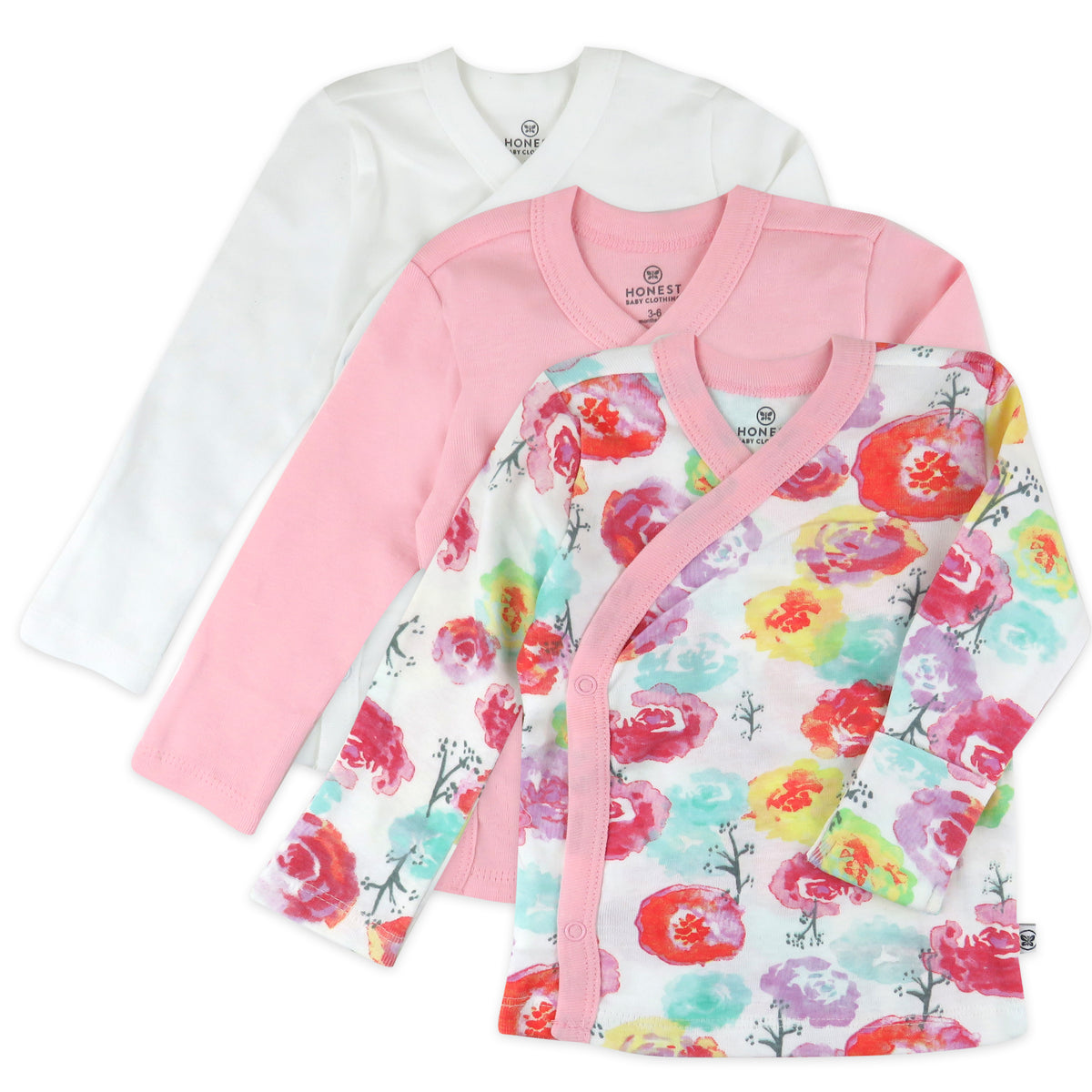 3-Pack Organic Cotton Long Sleeve Side-Snap Kimono Tops