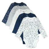Go to slide 1, 5-Pack Organic Cotton Long Sleeve Bodysuits, Twinkle Star Navy