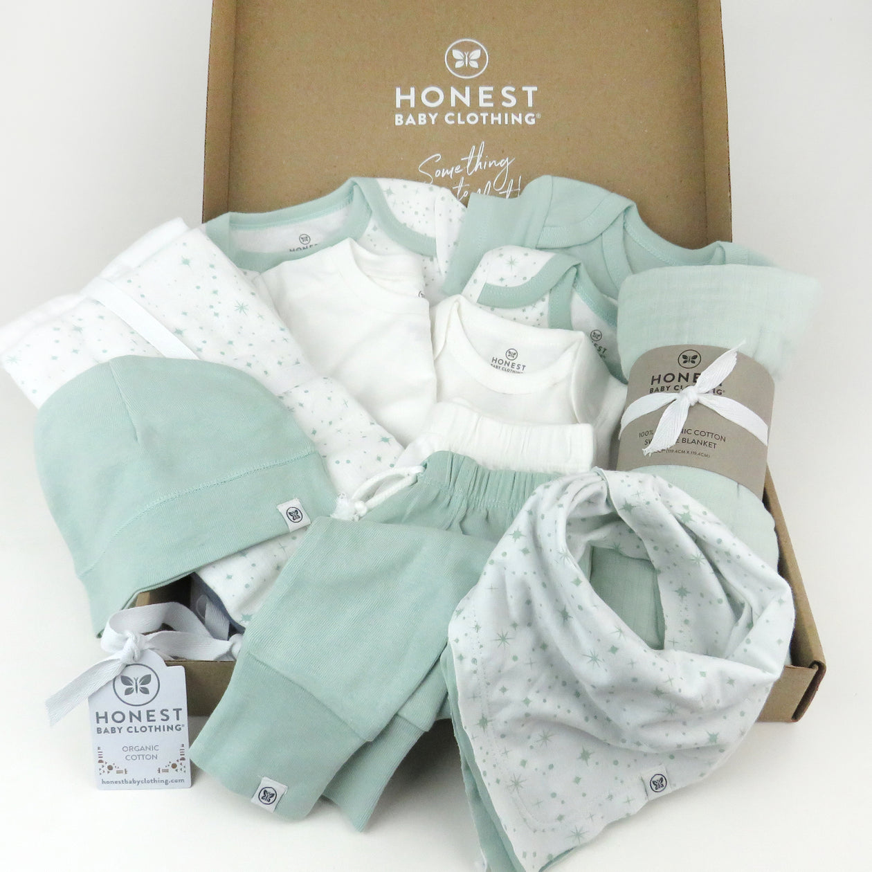 WELCOME HOME 12-Piece Organic Cotton Gift Set, Twinkle Star White/Sage
