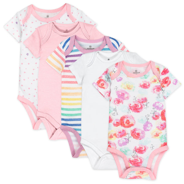 5-Pack Organic Cotton Short Sleeve Bodysuits, Rose Blossom Featured