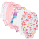 5-Pack Organic Cotton Long Sleeve Bodysuits, Rose Blossom Featured