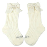 Cable Knit Knee Sock with Bow, Ivory