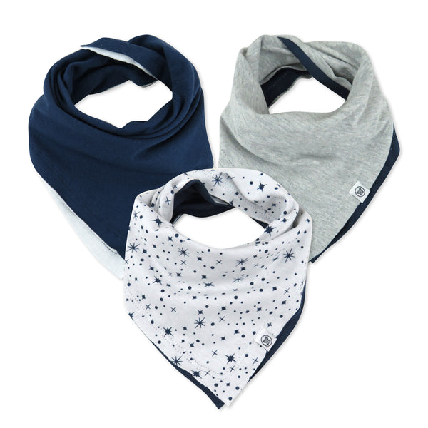 3-Pack Organic Cotton Reversible Bandana Bib Burp Cloths, Twinkle Star Navy