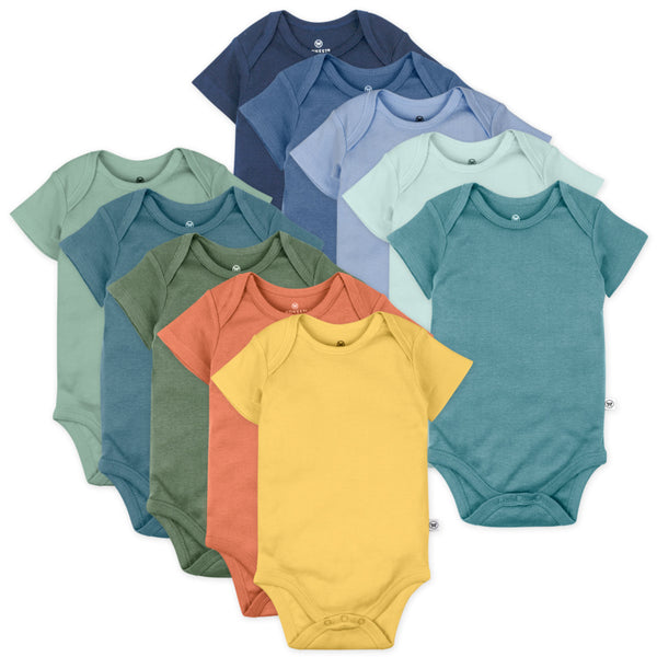 10-Pack Organic Cotton Short Sleeve Bodysuits, Rainbow Blue Gems