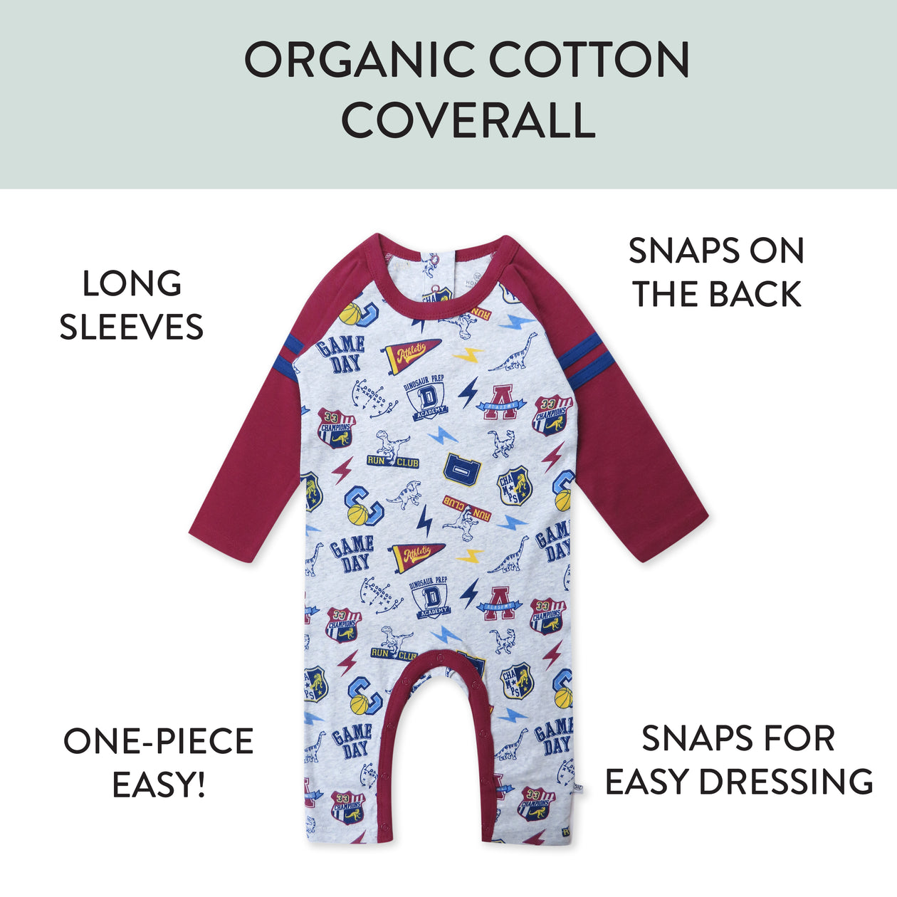 Raglan Coverall, Dino Prep Academy Burgundy