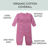 Go to slide 2, Chest Ruffle Coverall, Purple Spot