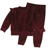2-Piece Velour Ruffle Front Sweatsuit, Varsity Burgundy