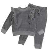 2-Piece Velour Ruffle Front Sweatsuit, Gray Charcoal