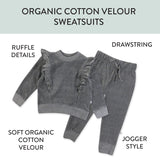 2-Piece Velour Ruffle Front Sweatsuit, Gray Charcoal