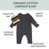 Go to slide 2, Organic Cotton Jumpsuit Coverall Romper Set, Skater Stripe Charcoal Gray