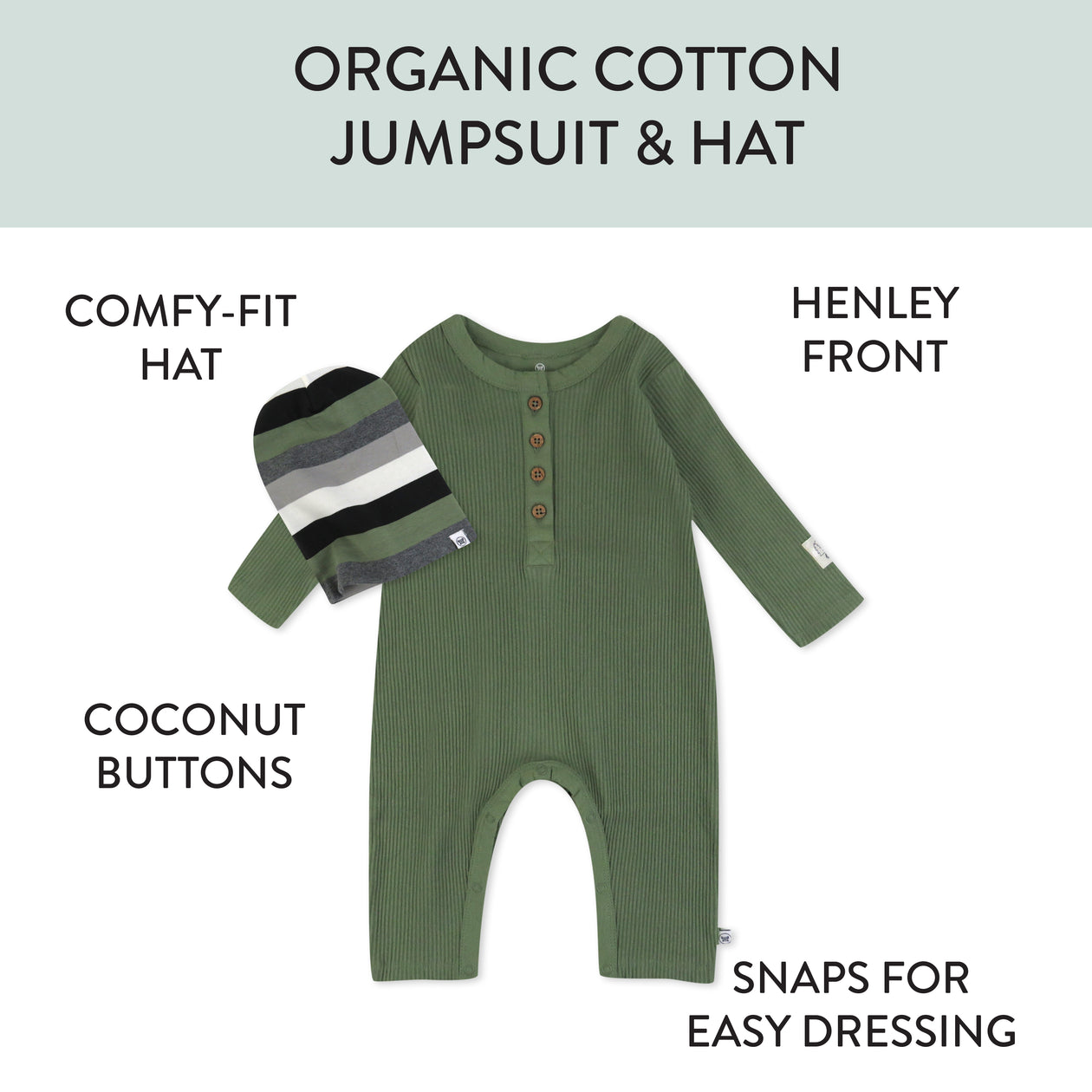 Organic Cotton Jumpsuit Coverall Romper Set, Skater Stripe Olive