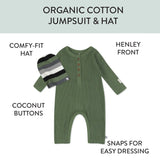 Go to slide 2, Organic Cotton Jumpsuit Coverall Romper Set, Skater Stripe Olive