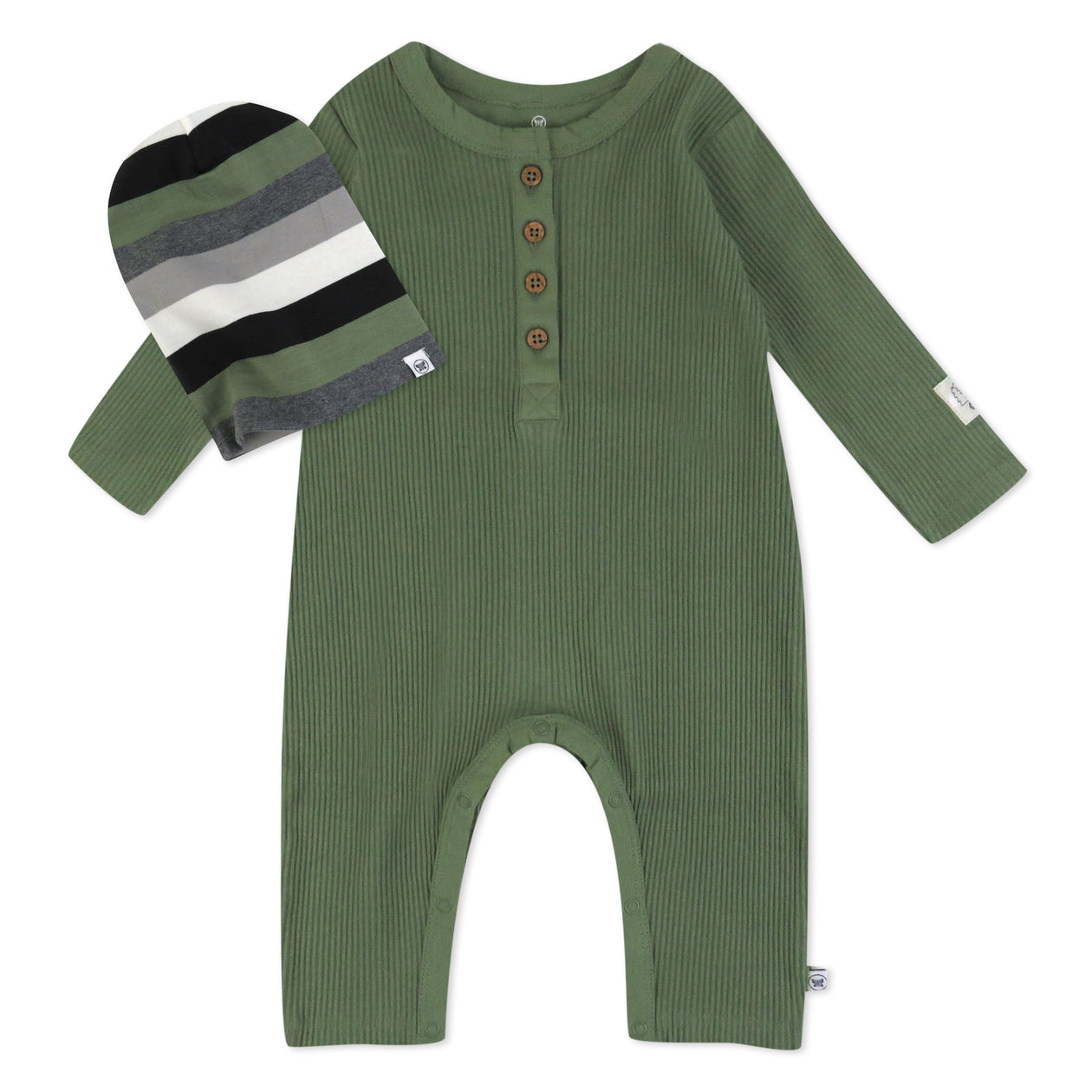 Organic Cotton Jumpsuit Coverall Romper Set, Skater Stripe Olive