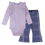 2-Piece Long Sleeve Ruffle Shoulder Bodysuit & Flare Legging Set, Purple Plaid