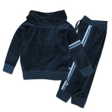 2 Piece Cozy Velour Pop Over Hoodie and Sweatpant Set, Blue with Stripe