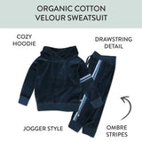 2 Piece Cozy Velour Pop Over Hoodie and Sweatpant Set, Blue with Stripe