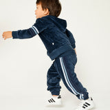 2 Piece Cozy Velour Pop Over Hoodie and Sweatpant Set, Blue with Stripe