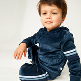 2 Piece Cozy Velour Pop Over Hoodie and Sweatpant Set, Blue with Stripe