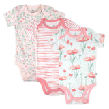 3-Pack Organic Cotton Short Sleeve Bodysuits, Strawberry Pink Floral