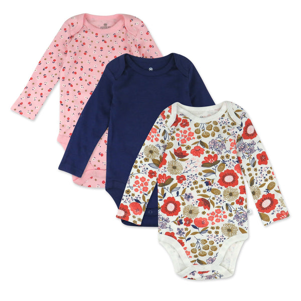 3-Pack Organic Cotton Long Sleeve Bodysuits, Copper Fields Floral Ivory