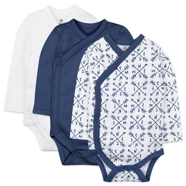 3-Pack Organic Cotton Long Sleeve Side-Snap Kimono Bodysuits, Compass Blue