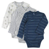 3-Pack Organic Cotton Long Sleeve Side-Snap Kimono Bodysuits, Dotted Stripe Navy Blue