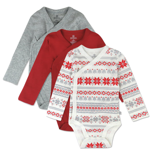 3-Pack Organic Cotton Holiday Long Sleeve Side-Snap Bodysuits, Fair Isle Ivory