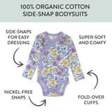 3-Pack Organic Cotton Long Sleeve Side-Snap Bodysuits, Jumbo Floral Lilac