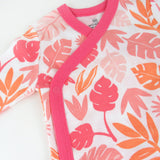 3-Pack Organic Cotton Long Sleeve Side-Snap Kimono Bodysuits, Jungle Leaves Pink