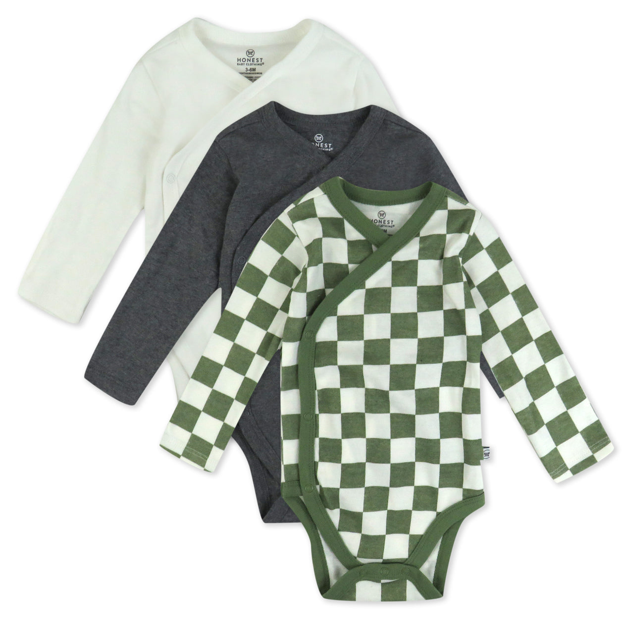 3-Pack Organic Cotton Long Sleeve Side-Snap Bodysuits, Olive Checkerboard 