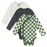 Go to slide 1, 3-Pack Organic Cotton Long Sleeve Side-Snap Bodysuits, Olive Checkerboard 