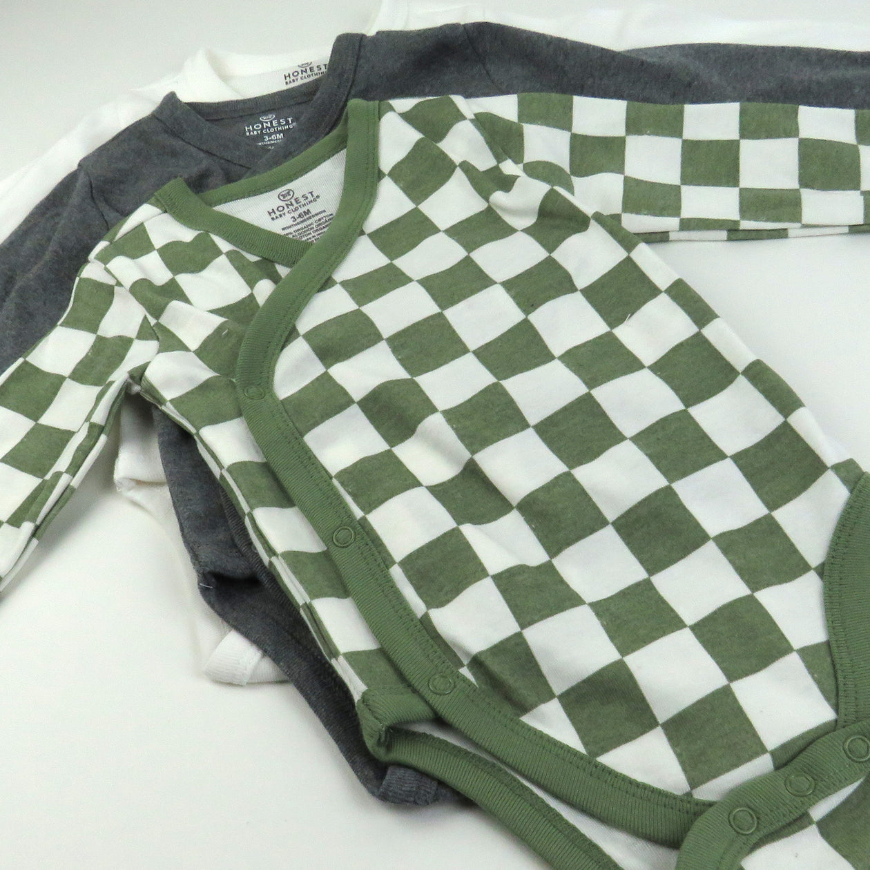 3-Pack Organic Cotton Long Sleeve Side-Snap Bodysuits, Olive Checkerboard 
