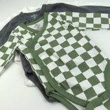 Go to slide 3, 3-Pack Organic Cotton Long Sleeve Side-Snap Bodysuits, Olive Checkerboard 