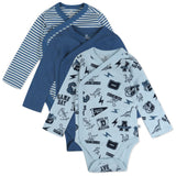 3-Pack Organic Cotton Long Sleeve Side-Snap Bodysuits, Dino Prep Academy Blue