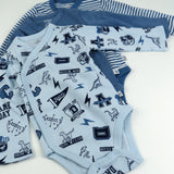 3-Pack Organic Cotton Long Sleeve Side-Snap Bodysuits, Dino Prep Academy Blue