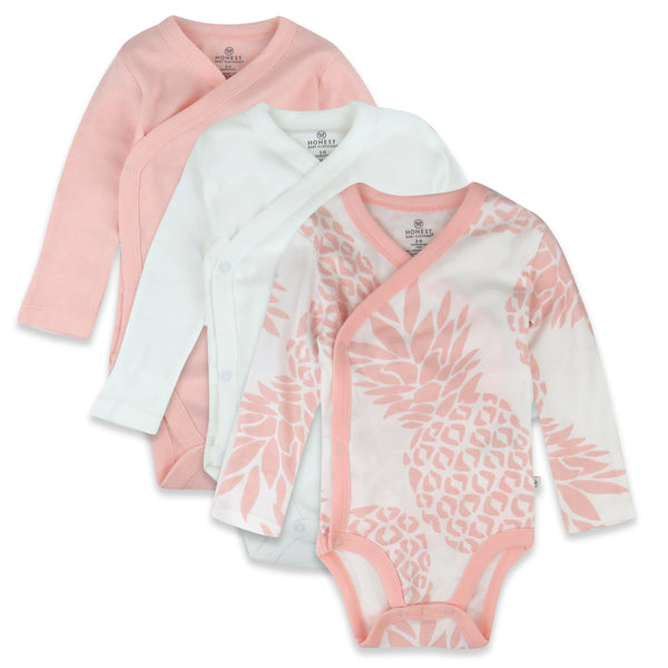 3-Pack Organic Cotton Long Sleeve Side-Snap Bodysuits, Pink Pineapple