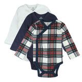 3-Pack Organic Cotton Long Sleeve Side-Snap Bodysuits, Red Tartan