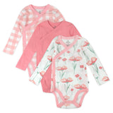 3-Pack Organic Cotton Long Sleeve Side-Snap Bodysuits, Strawberry Pink Floral